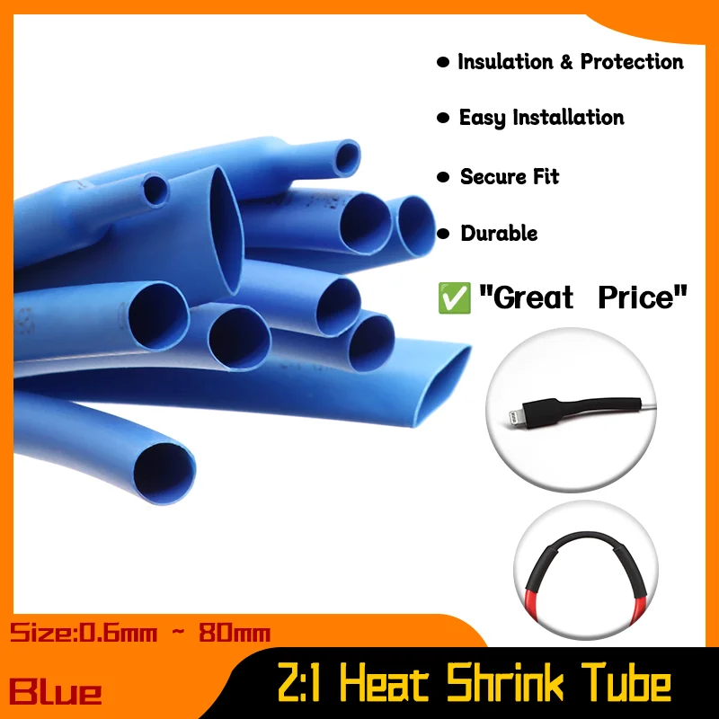

Dia 0.6mm ~ 80mm Wire Repair DIY Cable Protecctor Polyolefin Heatshrink Tubing Insulation Sleeve Wrap Blue 2:1 Heat Shrink Tube