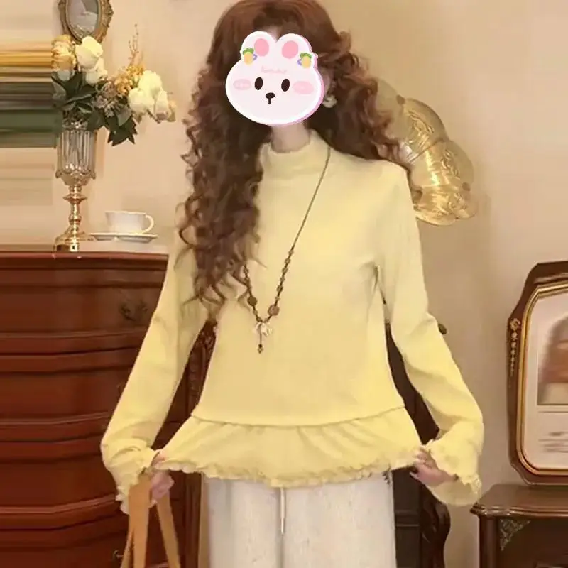 

Women Spring Autumn Slim-fit Blouse Tops 2026 Female Sweet T-shirt Girls Base Shirt Korean Style Ruffles Long Sleeve T-shirt