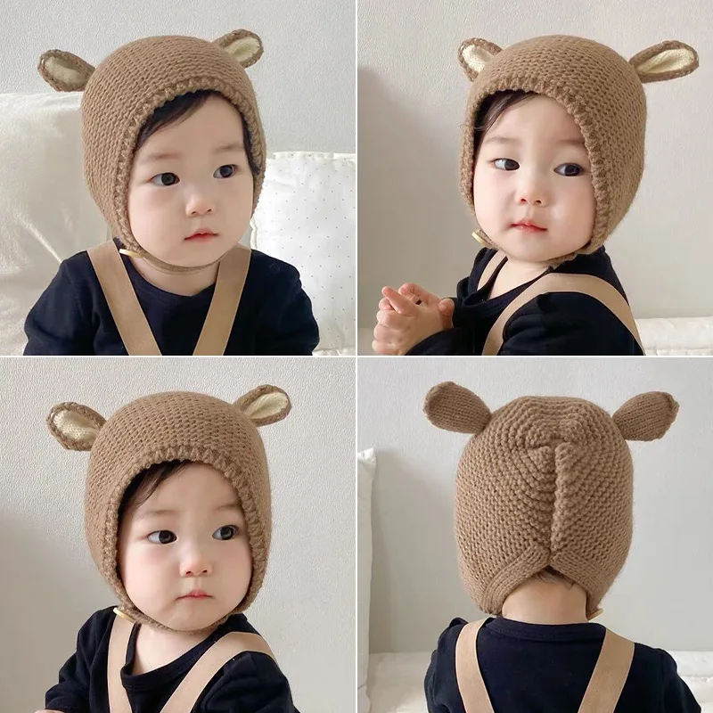 

Fleece Wool Hemming Caps with Ball Solid Wool Ear Protection Hats Soft Newborn Bonnet Cute Winter Warm Kids Girl Boys Baby Hats