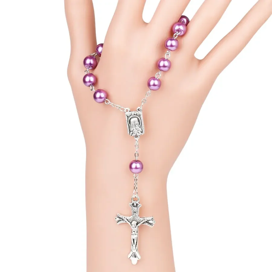 8MM Purple Glass Prayer Beads Bracelet For Women Vintage Crucifix Cross Charm Rosary Bracelet Female Party Jewelry Gift