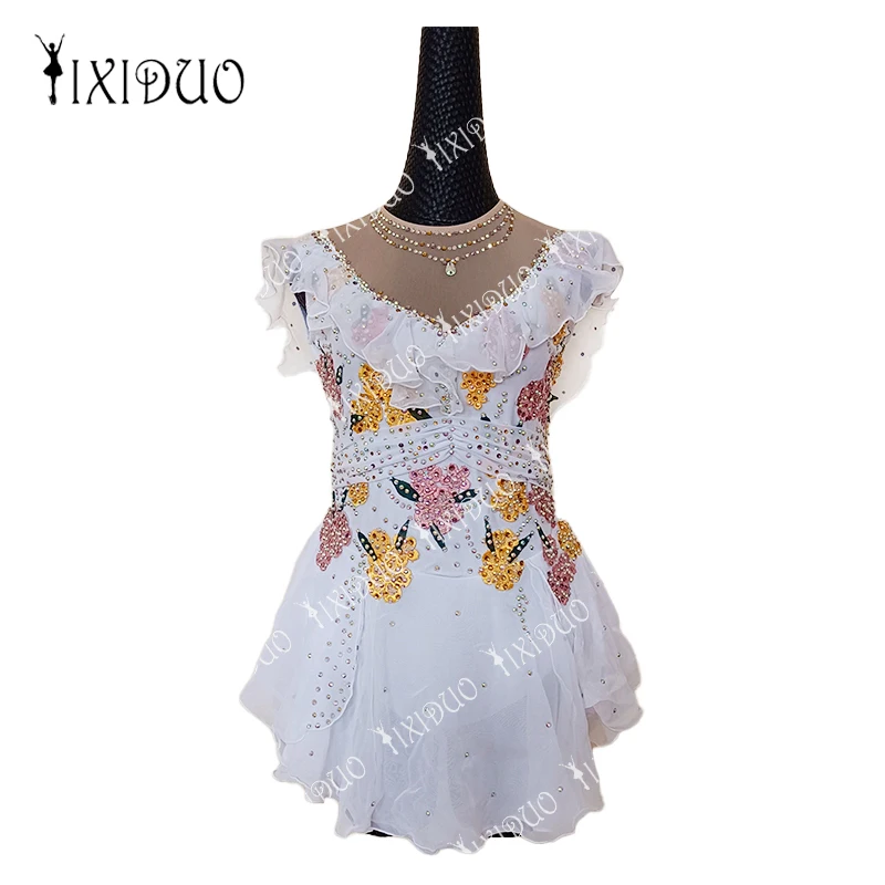 

Женское платье для фигурного катания для девочек с белым цветком, профессиональный костюм для соревнований, юбка для фигурного катания на льду, стразы ручной работы