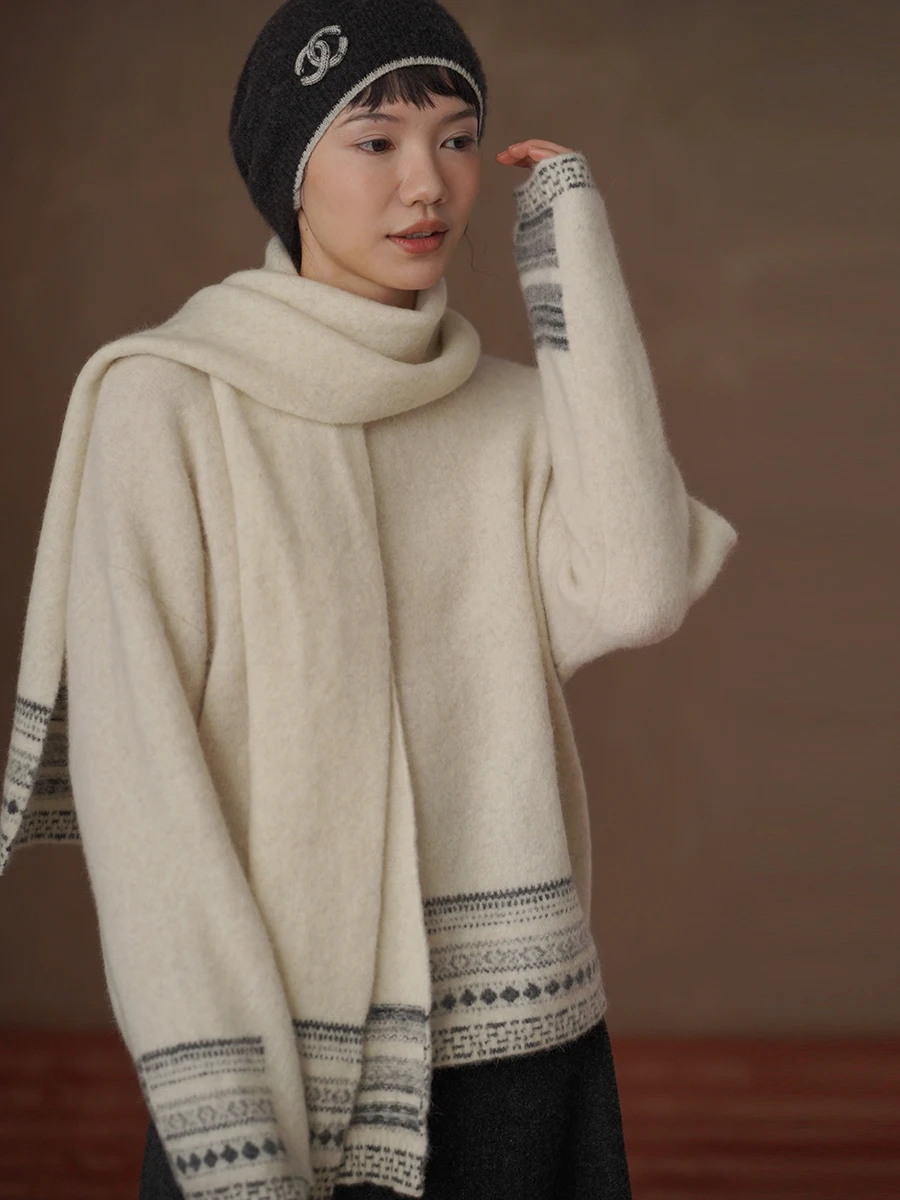 

Warm Wool Blend Scarf Sweater Two-Piece Set for Women Nordic Snowflake Patchwork Knitted Hacci Miss Casual Commute Sle