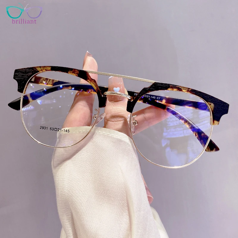 Fashion Exquisite Men and Women Dual Beam Glasses Frame Acetate Alloy New Half Frame Circular Myopia Optical Reading Eyeglasses