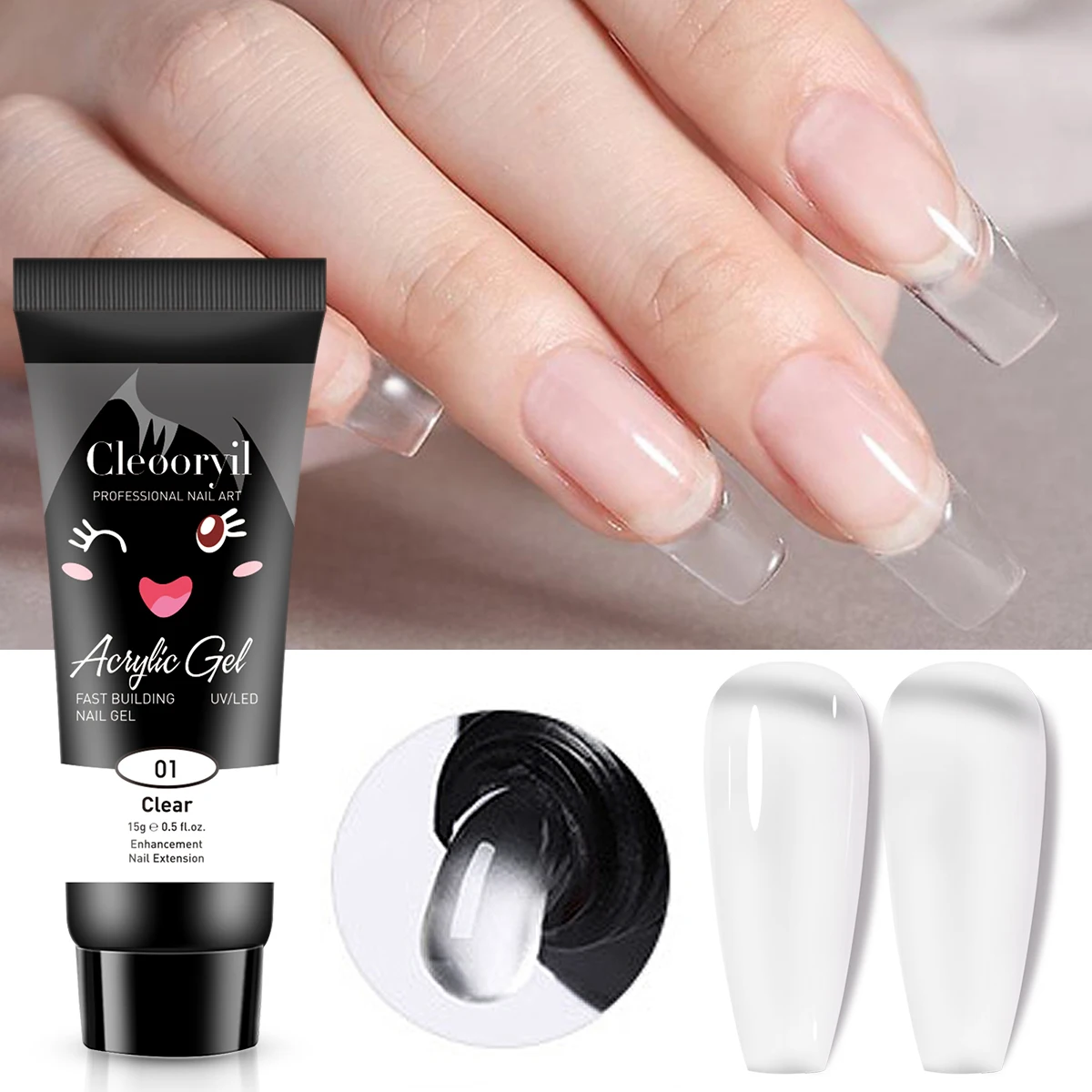 15g Clear Solid Quick-Drying Nail Extension Gel, Fast Building Poly Gel Semi-Permanent Acrylic UV/LED Gel Nail Polish For Extend
