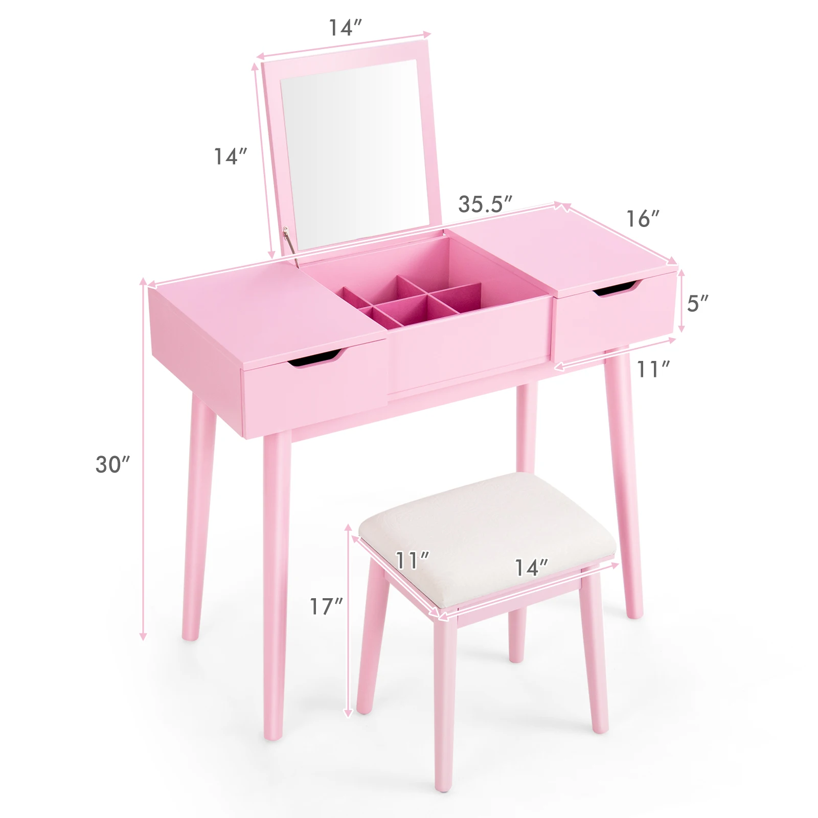 Vanity Table Set w/ Flip Top Mirror Drawers 9 Dividers Makeup Writing Desk Pink