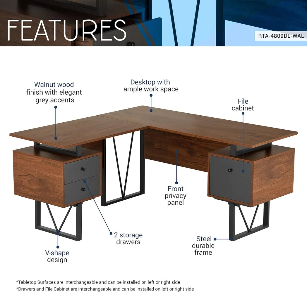 Techni Mobili Reversible L Shaped Desk with File Cabinet and Drawers 59” W – Modern Versatile L Shaped Office Desk with