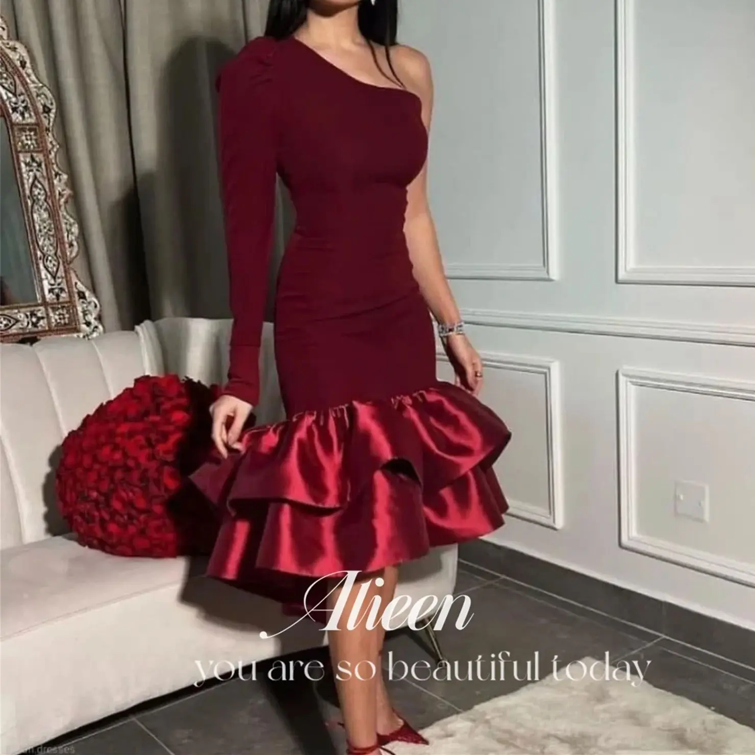 

Aileen Women's Dress Mermaid Sharon Happy Evening Dresses Women Elegant Party Dresses Woman Customized Claret One Shoulder Prom