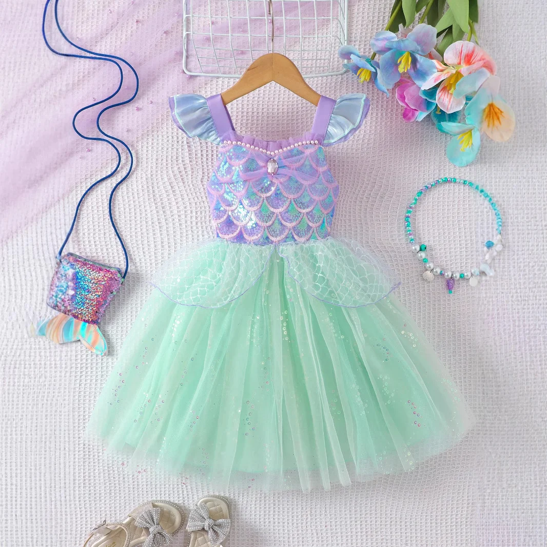Kids Girls Mermaid Princess Fancy Costume Purple Green Tulle Dress for Carnival Birthday Halloween Cosplay Role‑Play Outfit