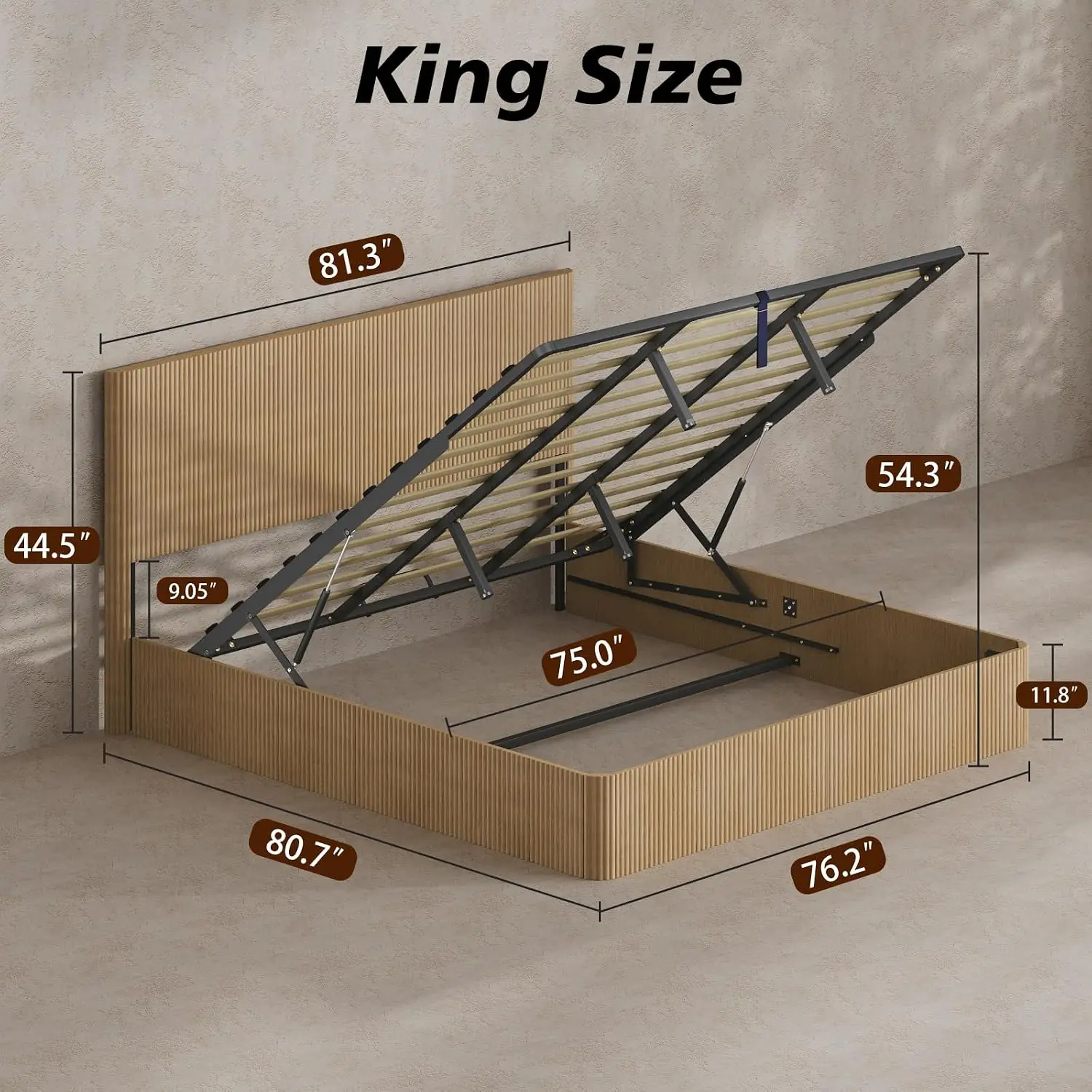 Fluted King Platform Bed Frame Lift Storage Wood, Customized