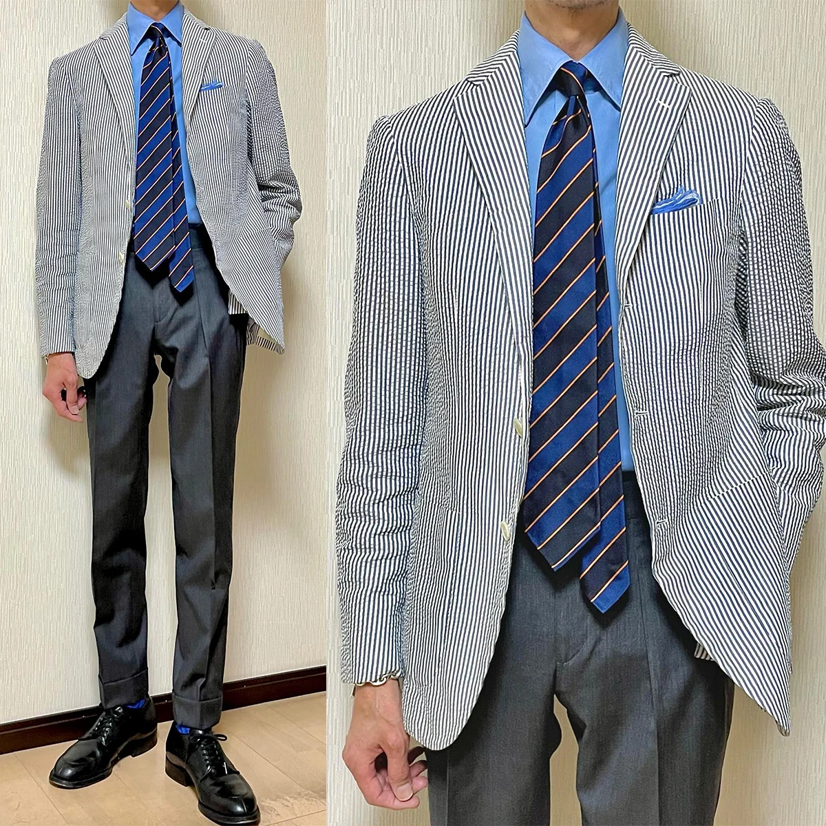 Ternos personalizados dos homens magros, personalizado multi-cenário, listra entalhado lapela, bolsos único Breasted, 2 peças calças Blazer