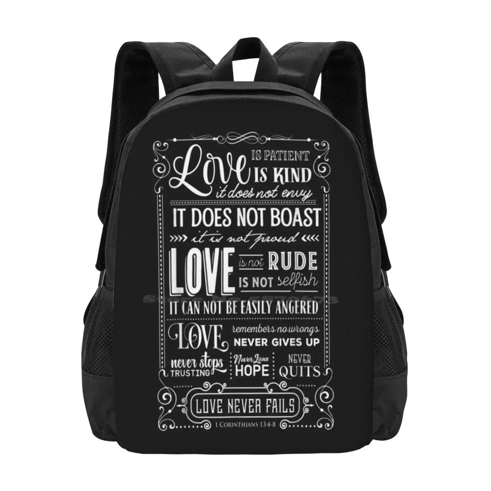 Love Is Patient Kind Love Never Fail Poem Valentines Day Hot Sale Schoolbag Backpack Fashion Bags Funny Cute Kind Never Love Is