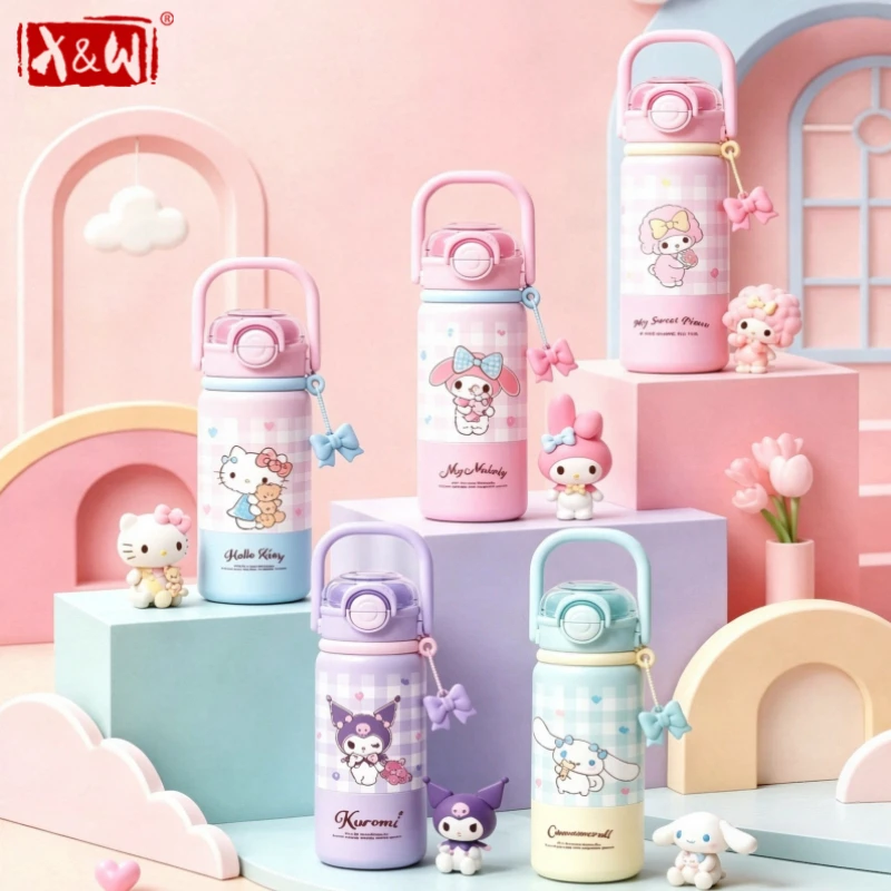 X&W Sanrio 316 Steel Dual Straw  Insulated Water Bottle Leak Proof Big Capacity Portable Summer Ice Drink Cup  Students Only Cup