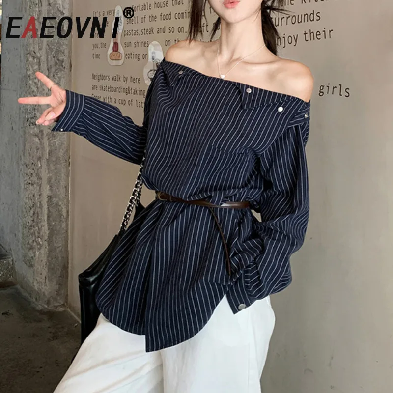 

EAEOVNI Fashion Striped Blouse Women Belt Gathered Waist Irregular Collar Design Casual Shirt 2025 New Clothing