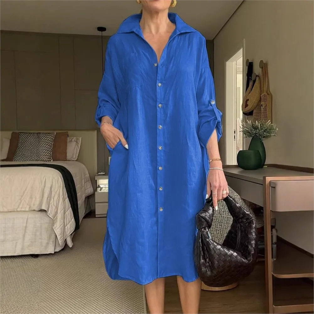 Casual Solid Color Loose Shirt Long Sleeved Women's Dresses New Spring Summer Fashion  Bagged Roll Sleeves Cardigan Female Dress
