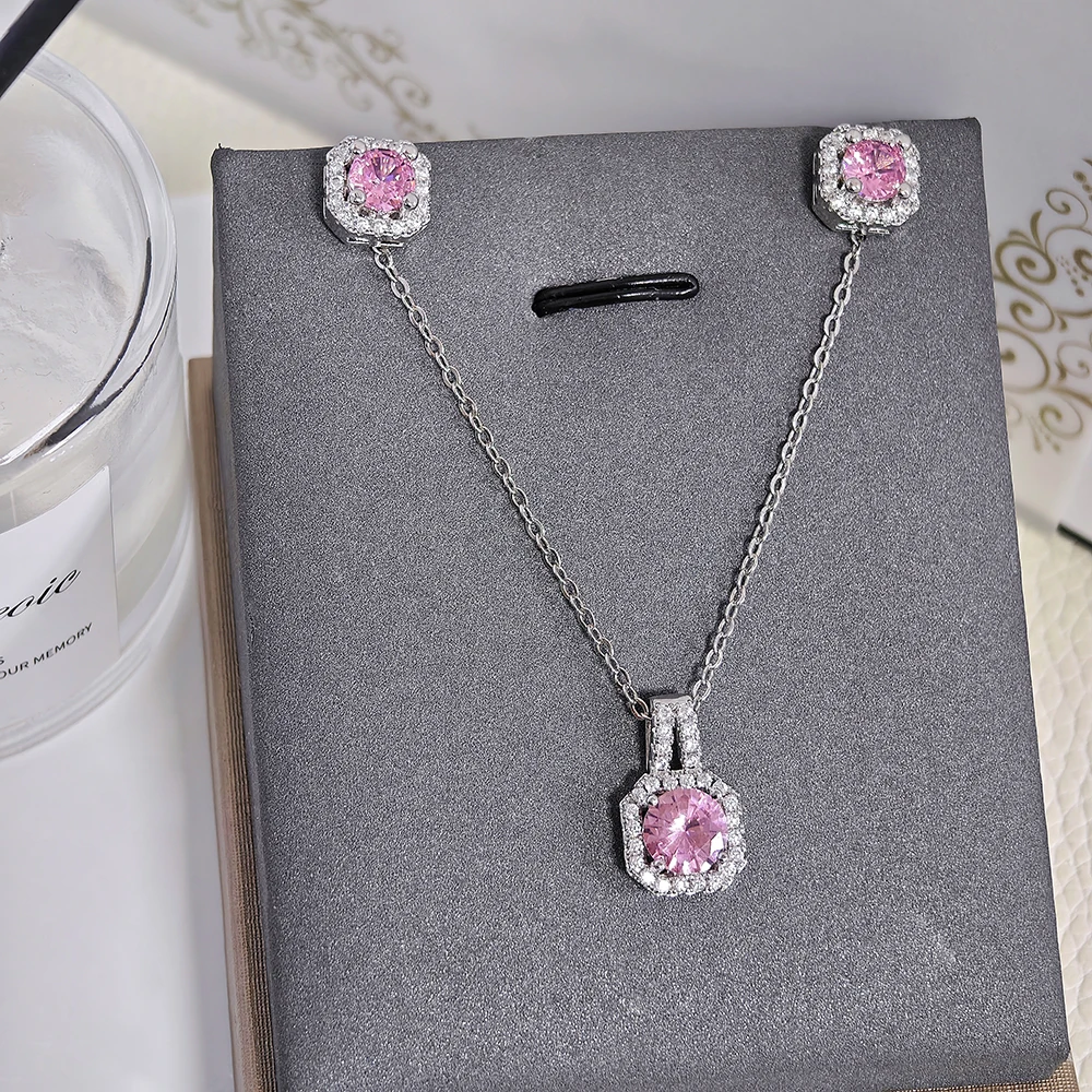 2024 New Trendy pink Color Earrings and Necklace Pendant Set for Women Anniversary Gift Jewelry Wholesale x1104-e1104