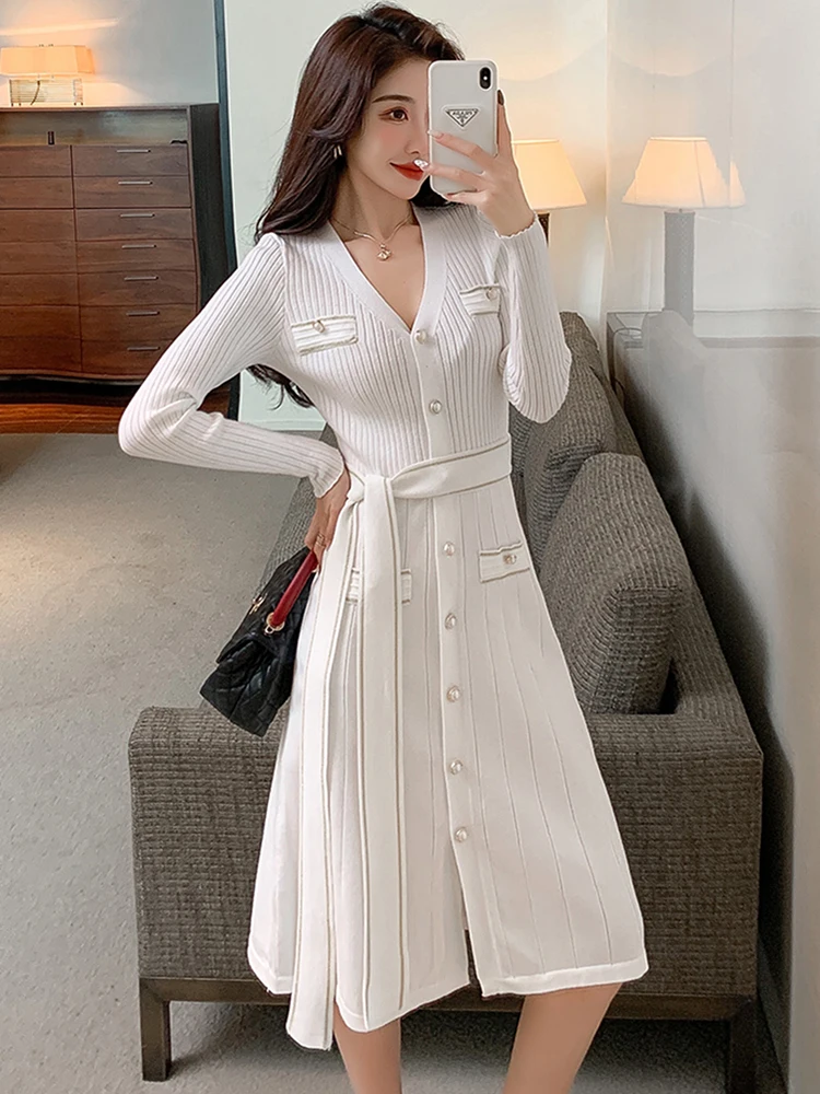 Otoño Invierno blanco de punto de un solo pecho vestido Midi mujeres elegante vendaje ceñido al cuerpo vestido de fiesta 2025 moda coreana vestido Casaul