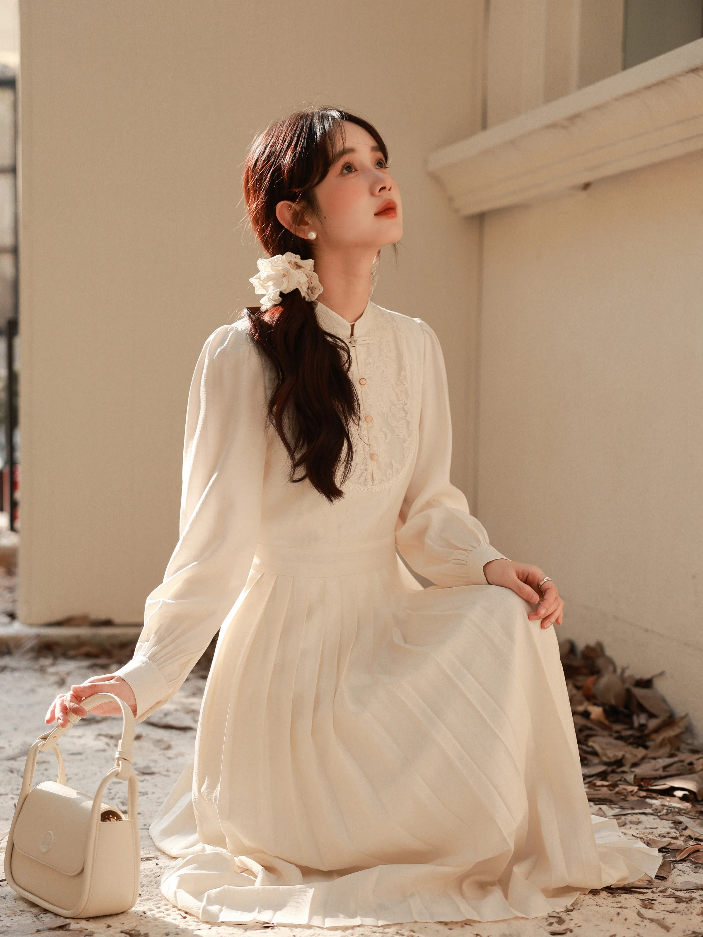 Elegant Lace Pleated Dress Vintage Chinese Style Midi Dress Long Sleeve Slim Sweet A-Line Dress for Women Spring Autumn Outfit