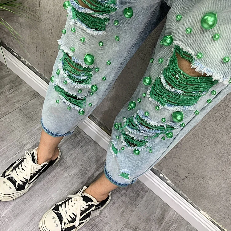 High Waist Skinny Jeans Women's Thin Denim Pants Destroyed n Harlan Loose Fit Nine Points Casual Summer Jeans XT1398