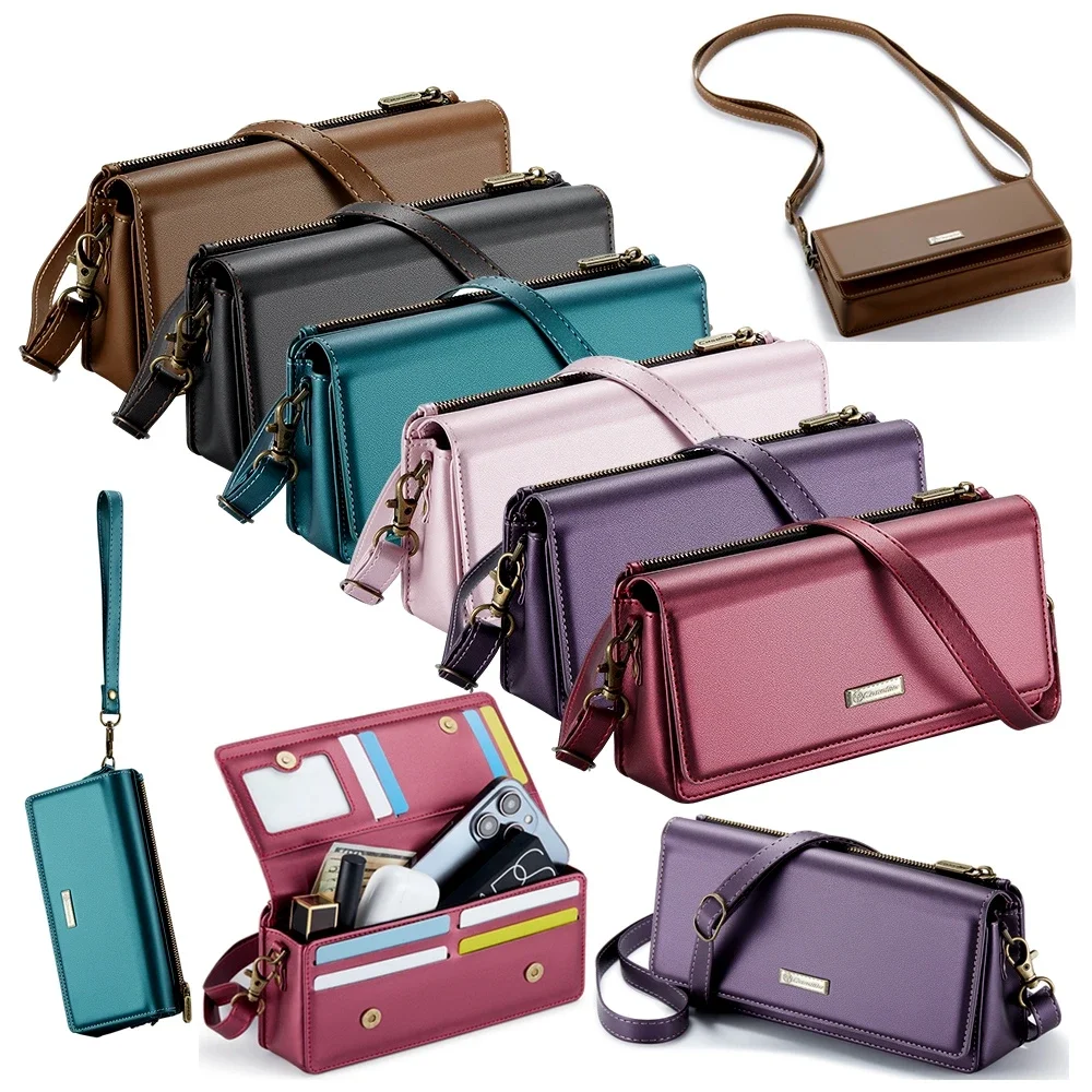 

Zipper crossbody Leather wallet Case multi-function storage RFID Blocking Phone Case Phone Cover Card Bill Bag Shell 2 Lanyards