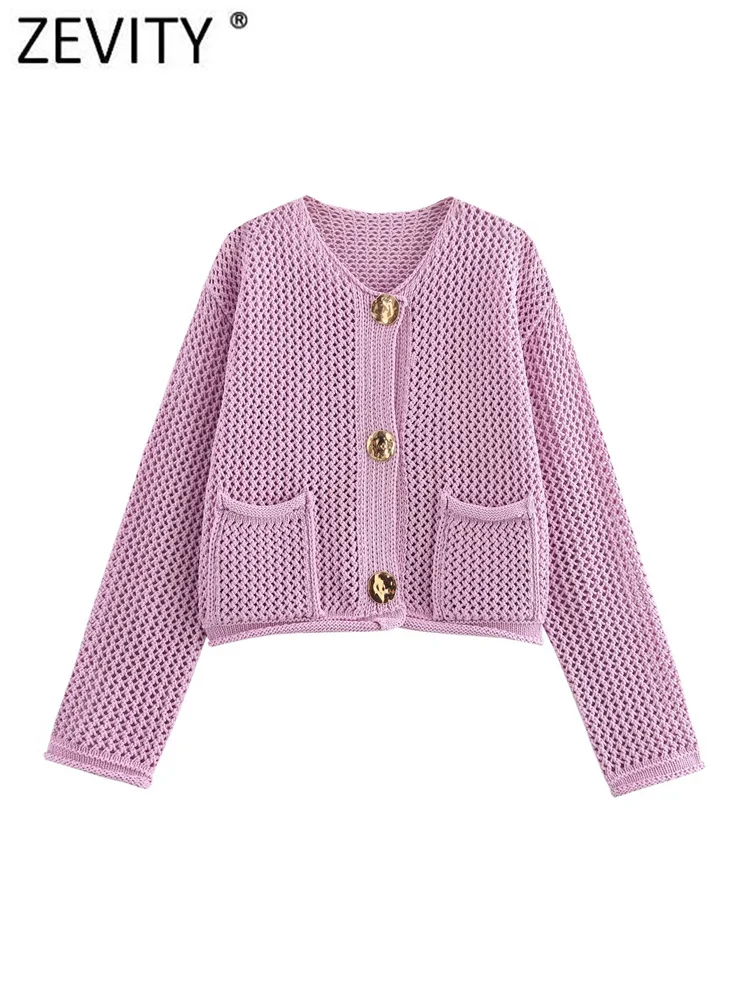 Zevity New Women O Neck Coarse Needle Long Sleeved Knitted Sweater Jacket Female Chic Pockets Design Crop Coats Chic Tops CT6280