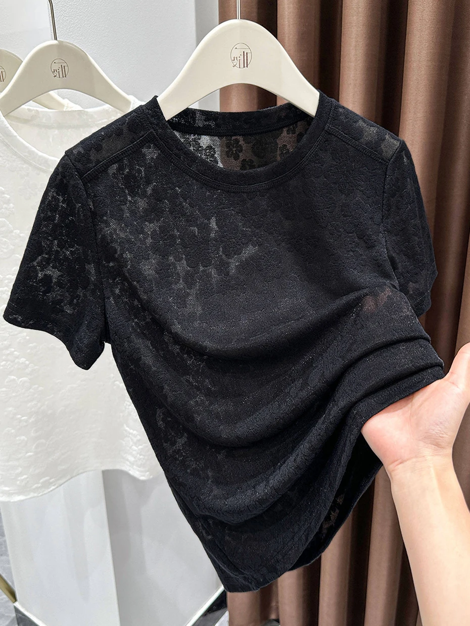 Short Lace T-Shirt Women's Summer New Style Shoulder New Chinese National Style Embroidery Top Thin Veil Cover up Korean Styl...