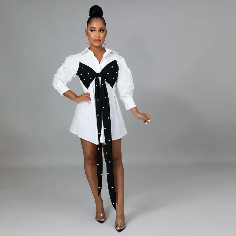 

Women's Summer Dress White Contrasting Pearl Tie Bow Waist Slimming Shirt Dress Long-sleeve New Midi Casual Womens Dresses