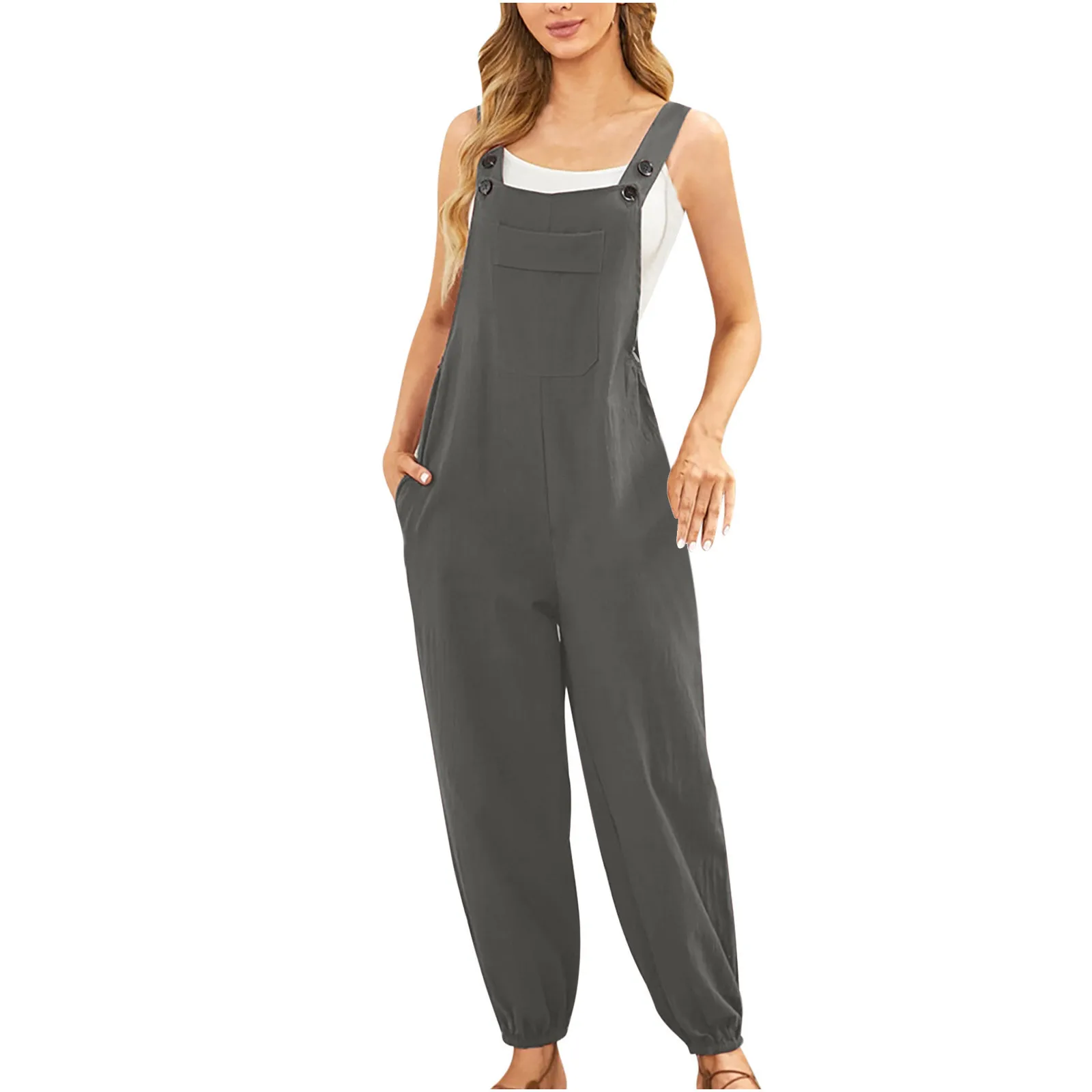 Spring and summer new cotton linen jumpsuit pockets thin section of comfortable casual breathable back pants small leg pants