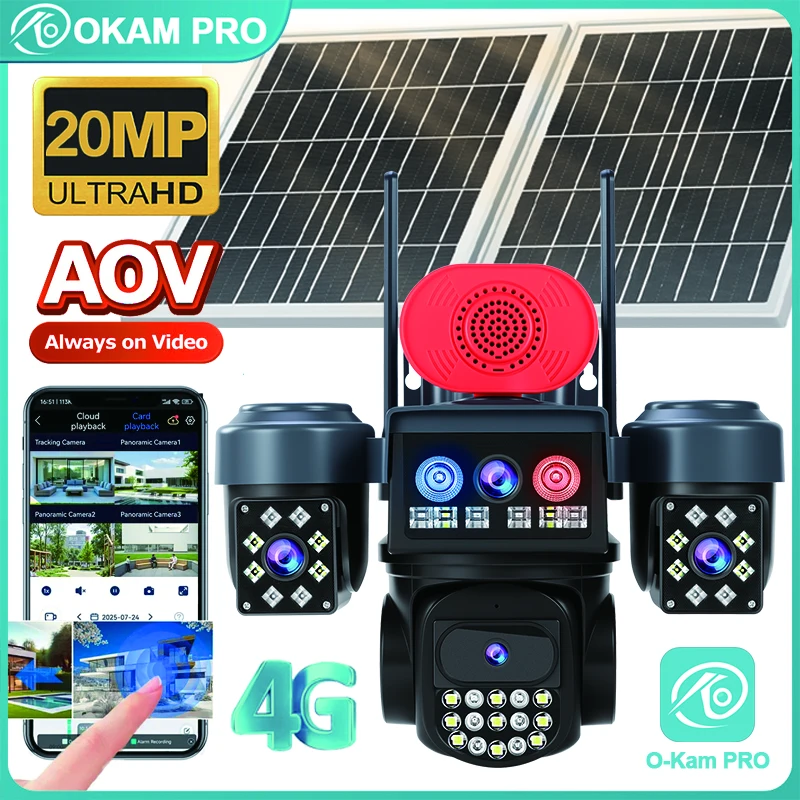 OKAM PRO المتكلم AOV كاميرا تعمل بالطاقة الشمسية 15 واط لوحة طاقة شمسية مزدوجة HD 20MP كاميرا الأمن ضوء إنذار اللون للرؤية الليلية تتبع الحركة