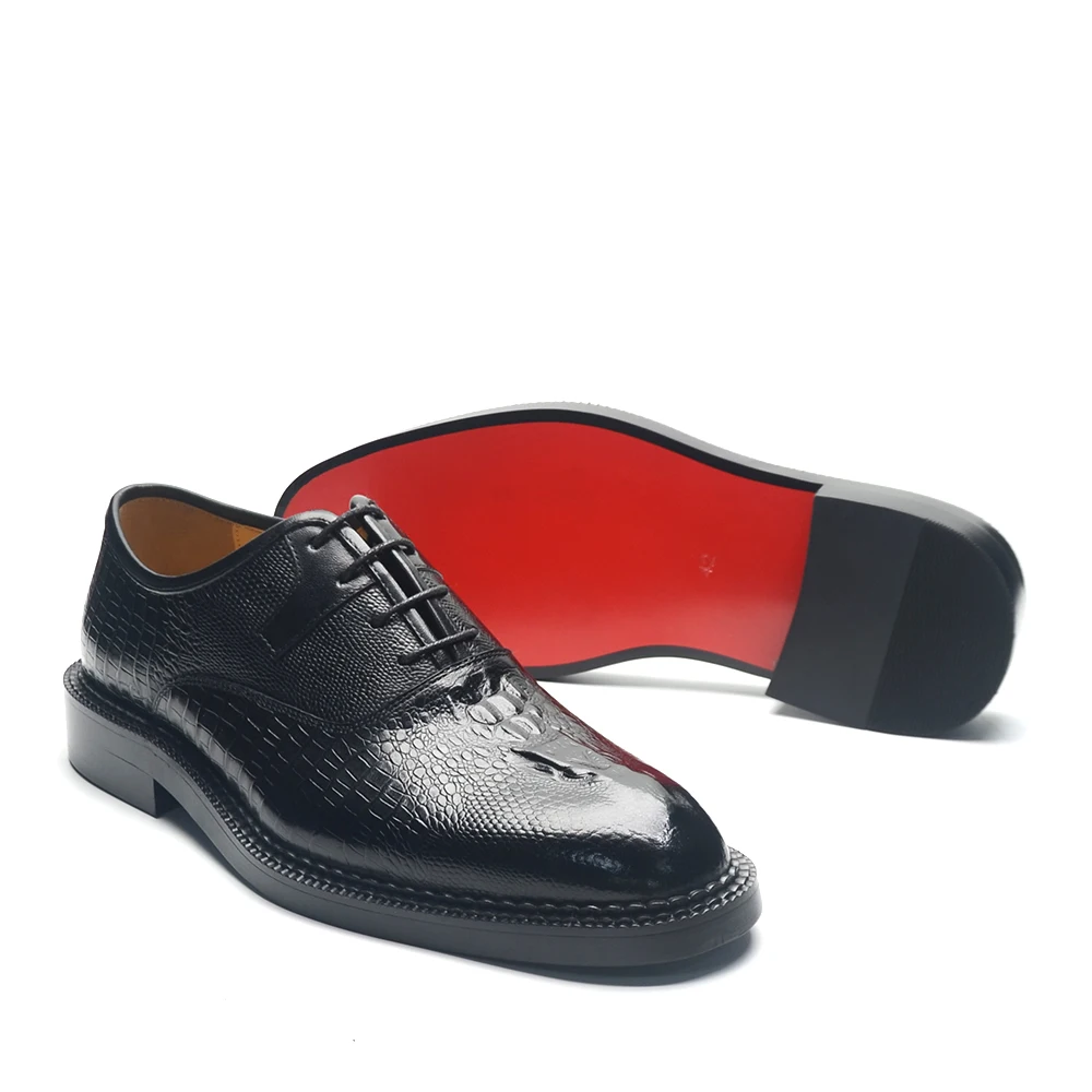Luxury Designer Men's Italian Shoes Black Genuine Cowhide Leather Lizard Pattern Dress Oxfords Shoe Thick Sole Modern Elevator