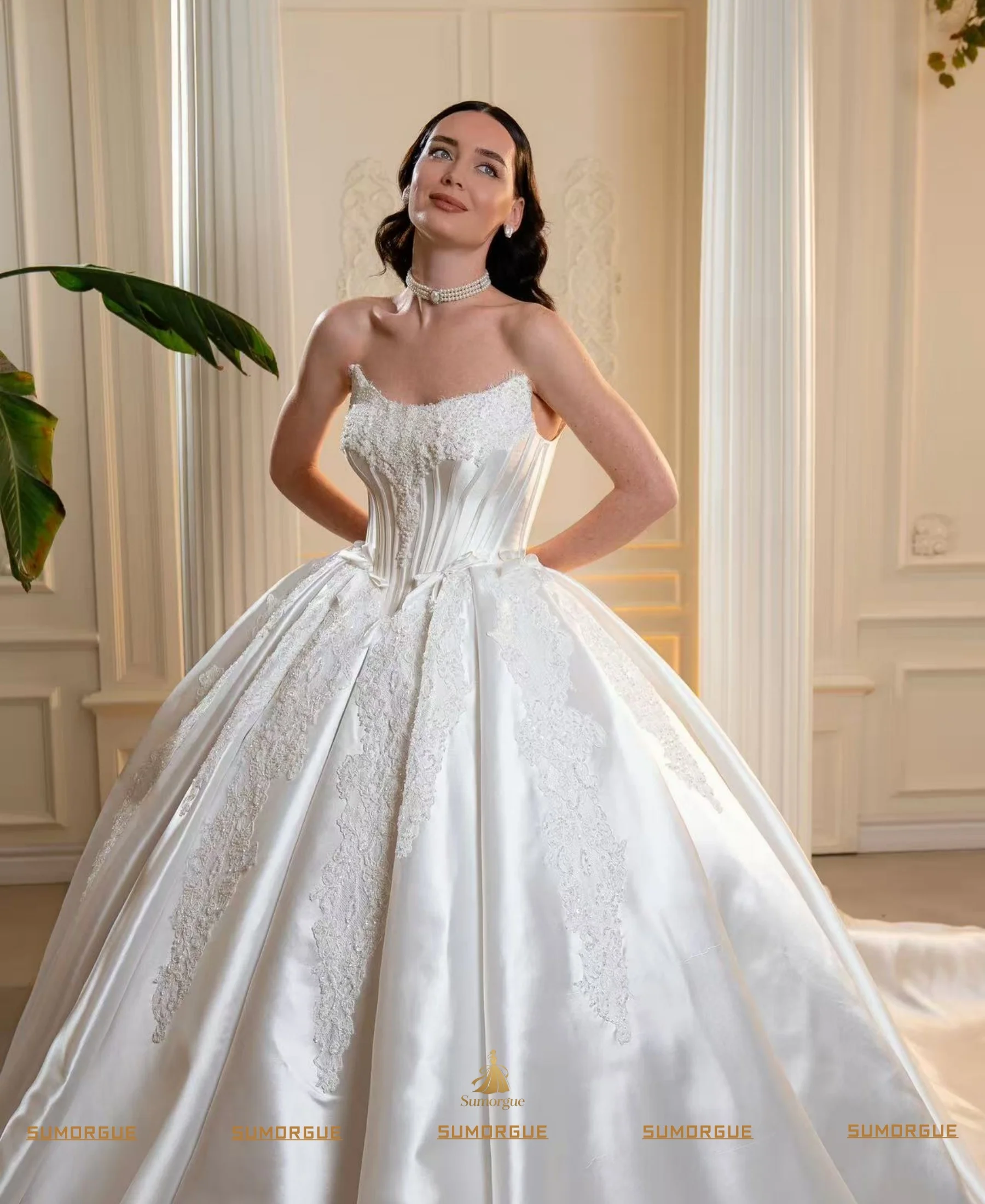Exquisite New Design Strapless Wedding Dress，Pearl，Corset，Lace Up Back Wedding Party Dress High-end Customized Vestidos De Novia