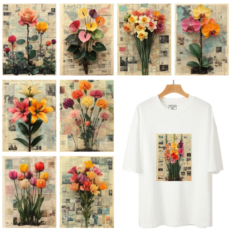 24cm Retro Newspaper Background Flower Poster Rose Hydrangea Fashion Heat Transfer Stickers T-shirt Printing DIY Ironing Patch