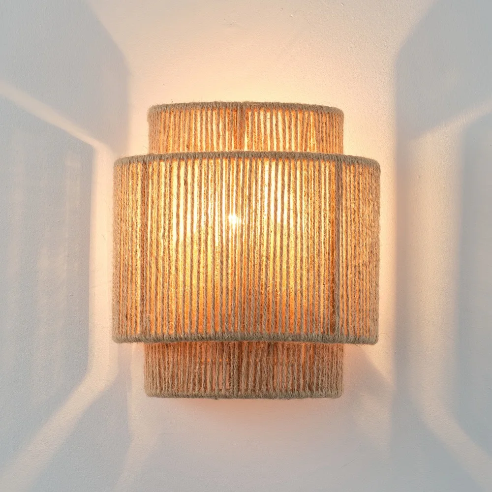 Pack of 1/2 Rustic Rattan Wicker Wall Sconces Hand Woven Hemp Rope Light Fixture Boho E27 Wall Lamp Bedside Farmhouse Home Decor