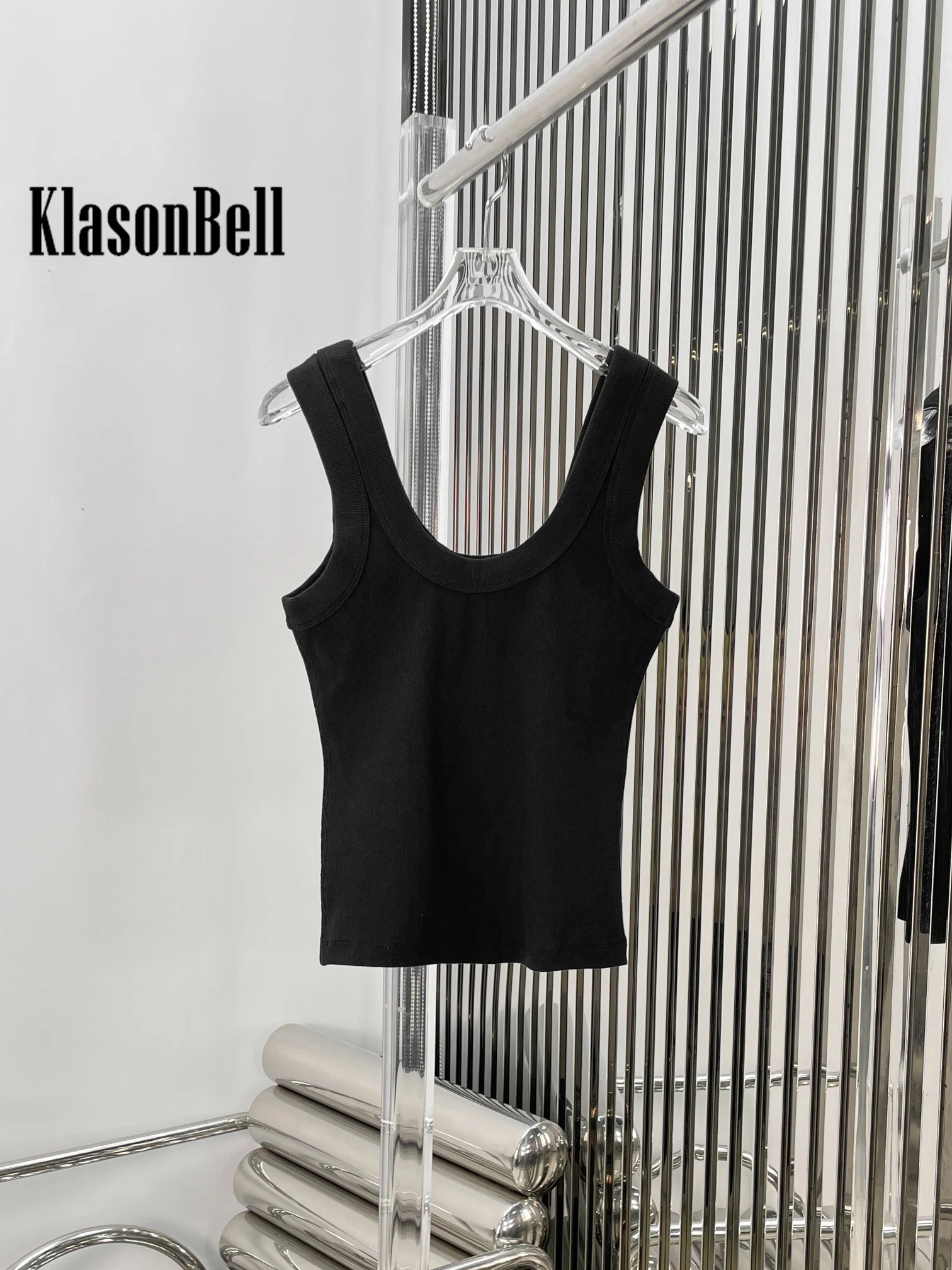 7.21 KlasonBell Women New Embossed Letter Basics Spaghetti Strap Knitted Black Sexy Crop Tank Top