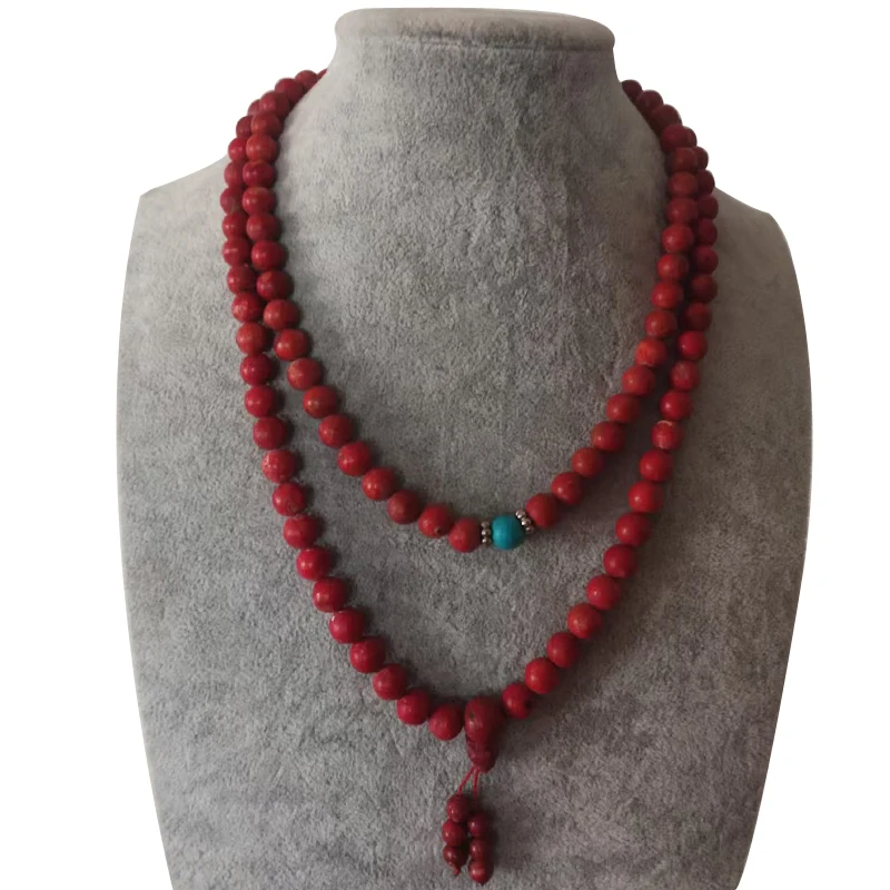 Wholesale 35 inches 7-8mm Red Natural Sponge Coral Beads Prayer Necklace