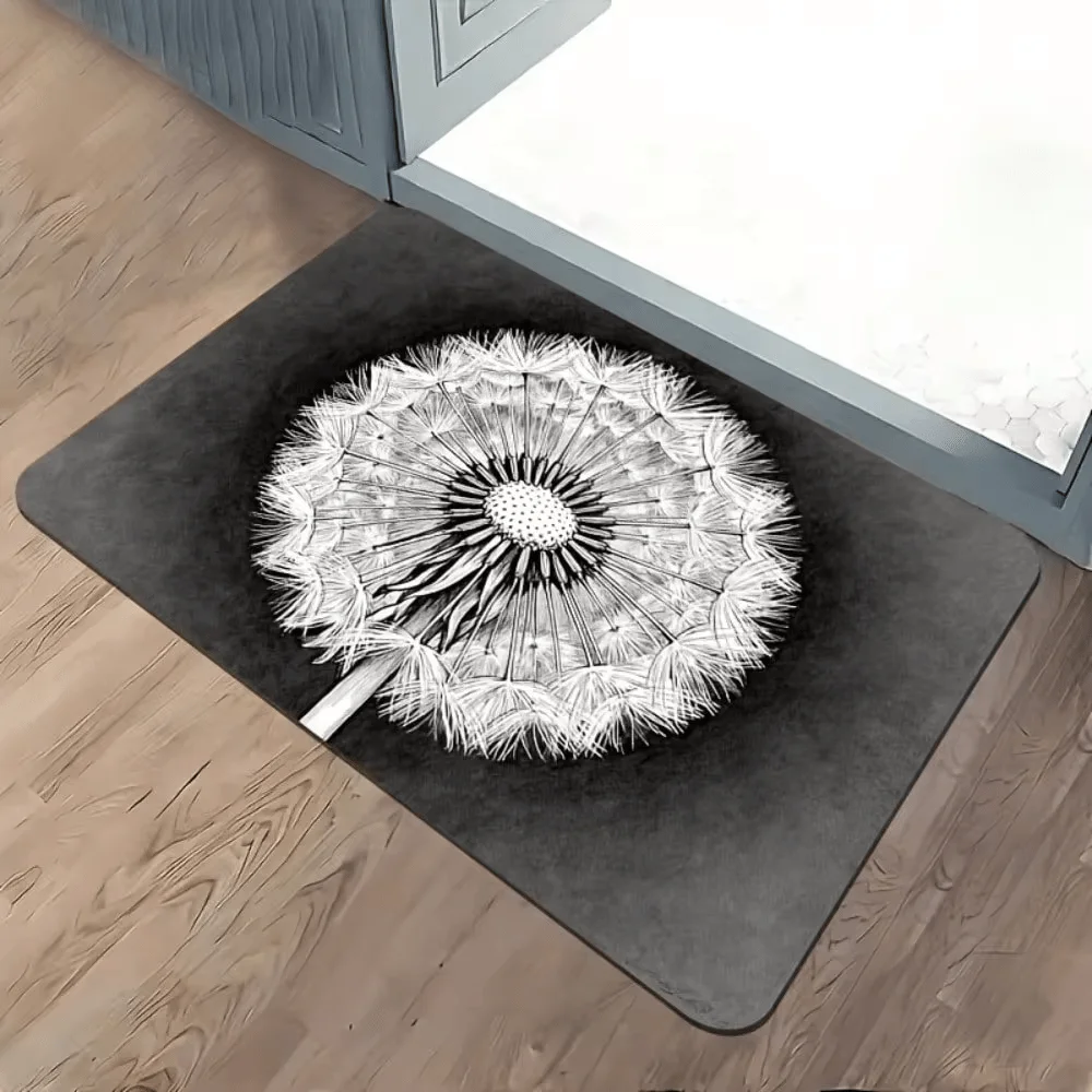 Black White Dandelion Sketch Diatom Mud Rug Absorbent Washable Bathroom Hallway Bedroom Entryway Floor Mat