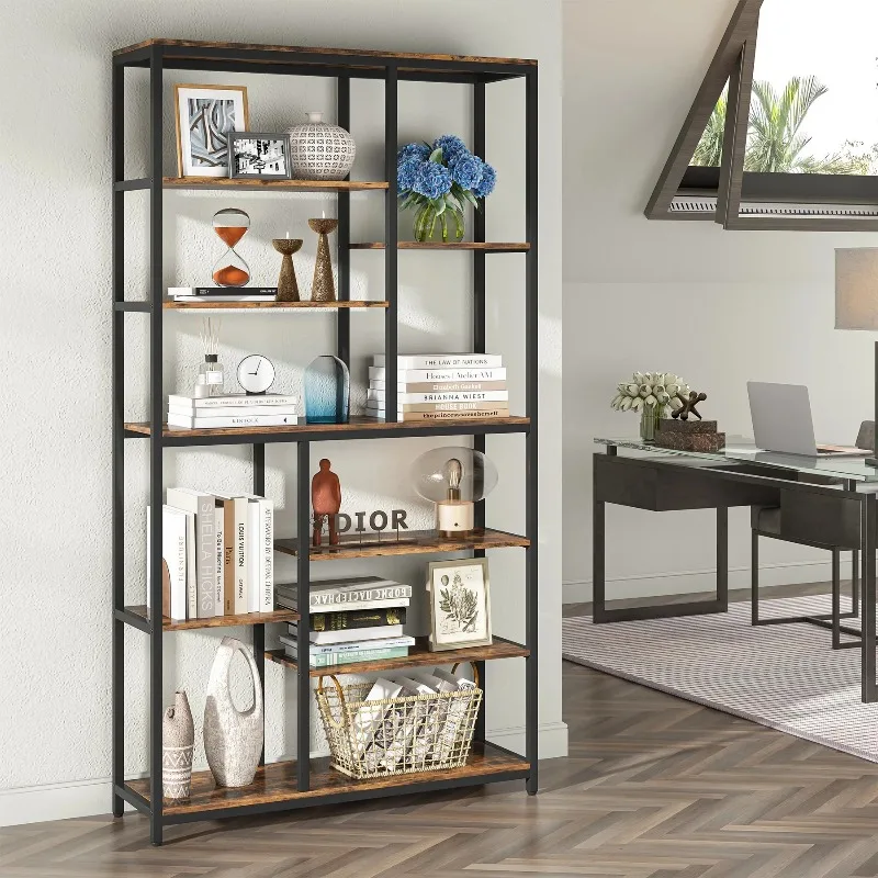 Modern 8-Tier Staggered Bookcase -, Wide Wood Etagere Shelving Unit