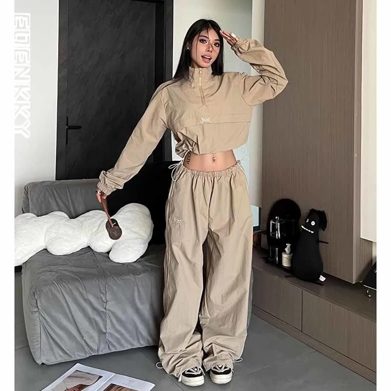 Women Retro Tracksuit Casual Stand Collar Short Pullover Jacket Baggy Wide Leg Pants 2pcs Set Y2K Fashion Streetwear Spring Sets