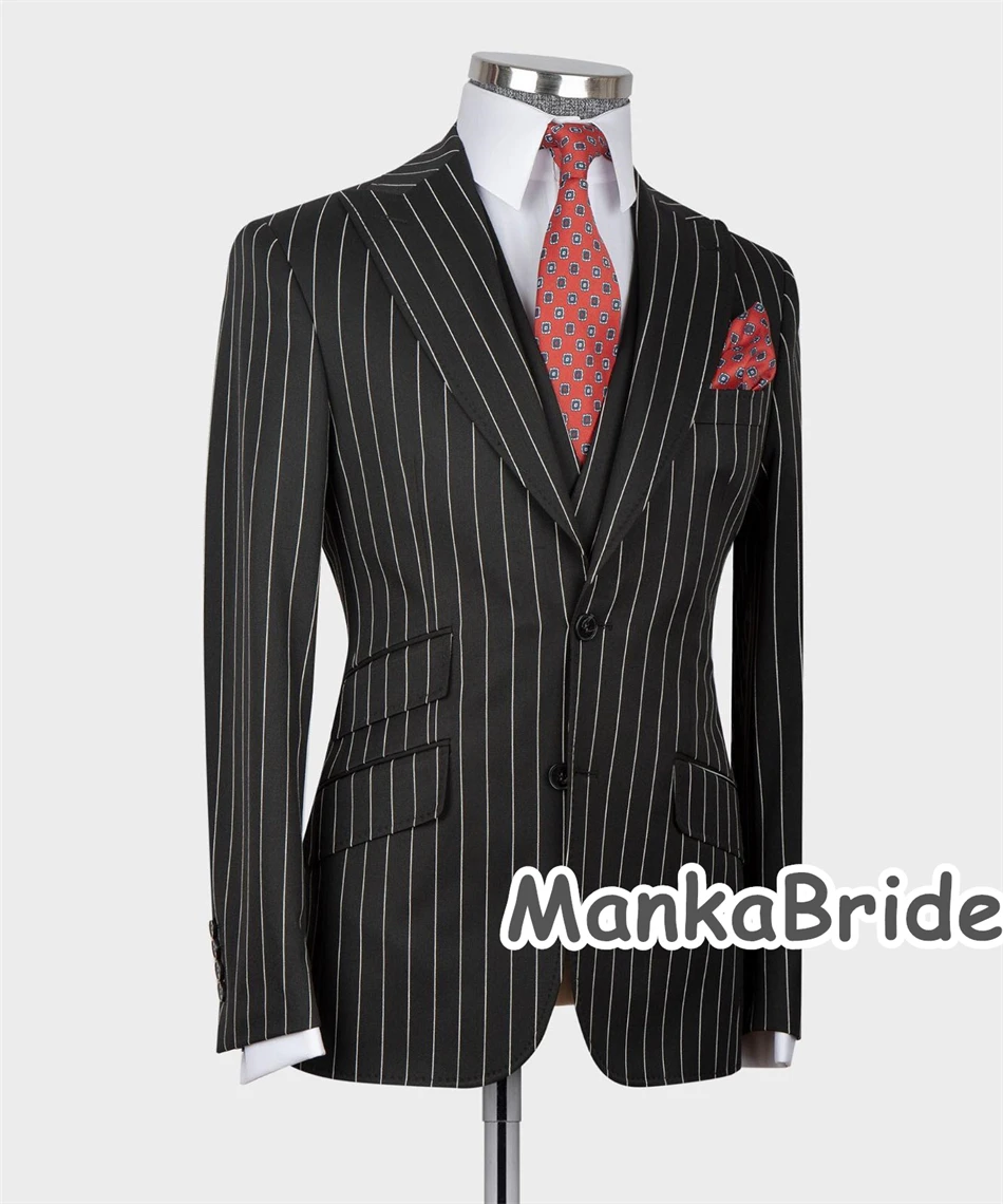 Classic Striped Men's Suits 3PCS Blazer Vest Pants Wedding Groom Tuxedo Customized Formal Business Wear Prom Party Suit