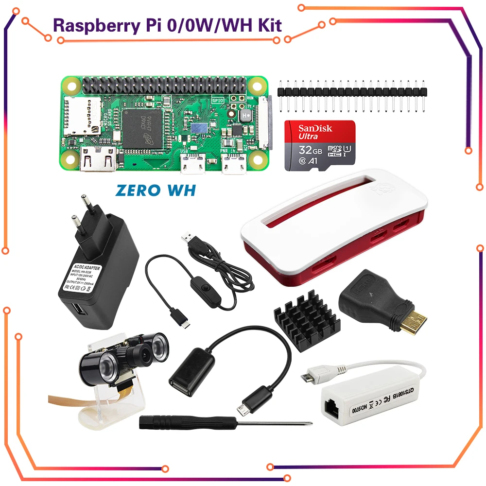 Raspberry Pi Zero /Zero W/Zero WH Kit + ABS Case + + Camera + RJ45 + Power Adapter + SD Card for Raspberry Pi zero w