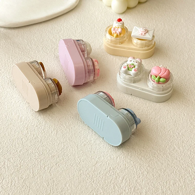 علبة عدسات لاصقة على شكل قطة كرتونية، صندوق عدسات لاصقة صغير محمول مع مجموعة عصا شفط الملقط، تخزين عدسات السفر للنساء والفتيات #5