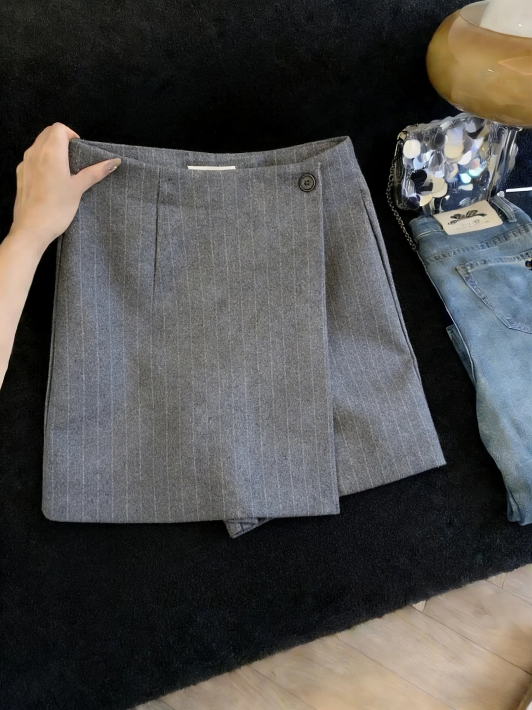 

Юбка А-силуэта с высокой талией, в полоску, асимметричная, повседневная, высокого качества, винтажная, женская, весенне-осенняя, в корейском стиле