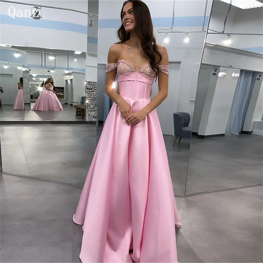 

Qanz Pink Shiny Evening Dresses Satin Off the Shoulder Long A Line Corset Vestidos De Noche Abendkleider Elegant Luxus Dubai