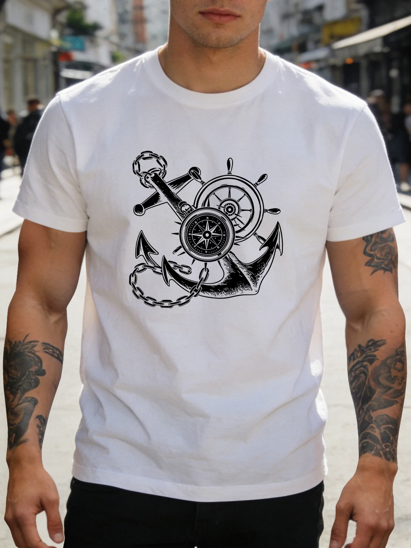 Men Cotton Short Sleeve Crew Neck Tee Nautical Anchor Compass Ship Wheel Print Gift For Sailor Sea Lover Casual Summer Top