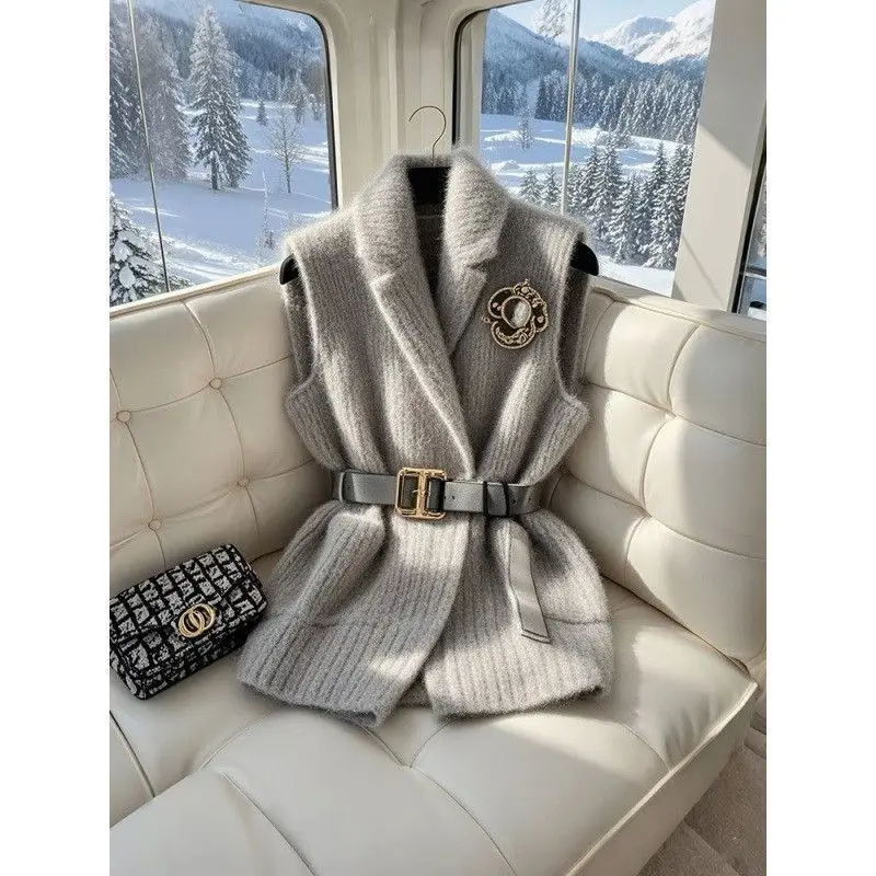 

Новинка 2025, европейские товары, большая версия, тонкий свитер на талии, жилет, серый вязаный свитер, женский весенний свитер