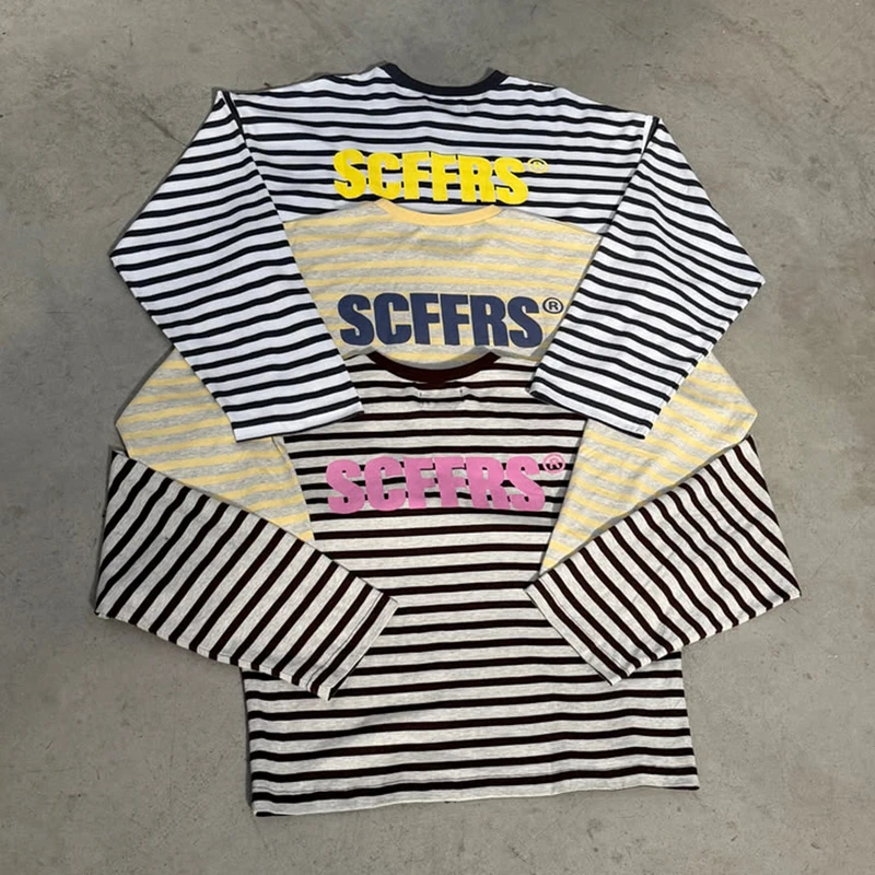 SCFFRS Long Sleeve T-shirt Unisex Boxy Oversized Striped Tops Retro Street Men Women Loose Cropped Sweatshirt Cotton Y2K Jersey