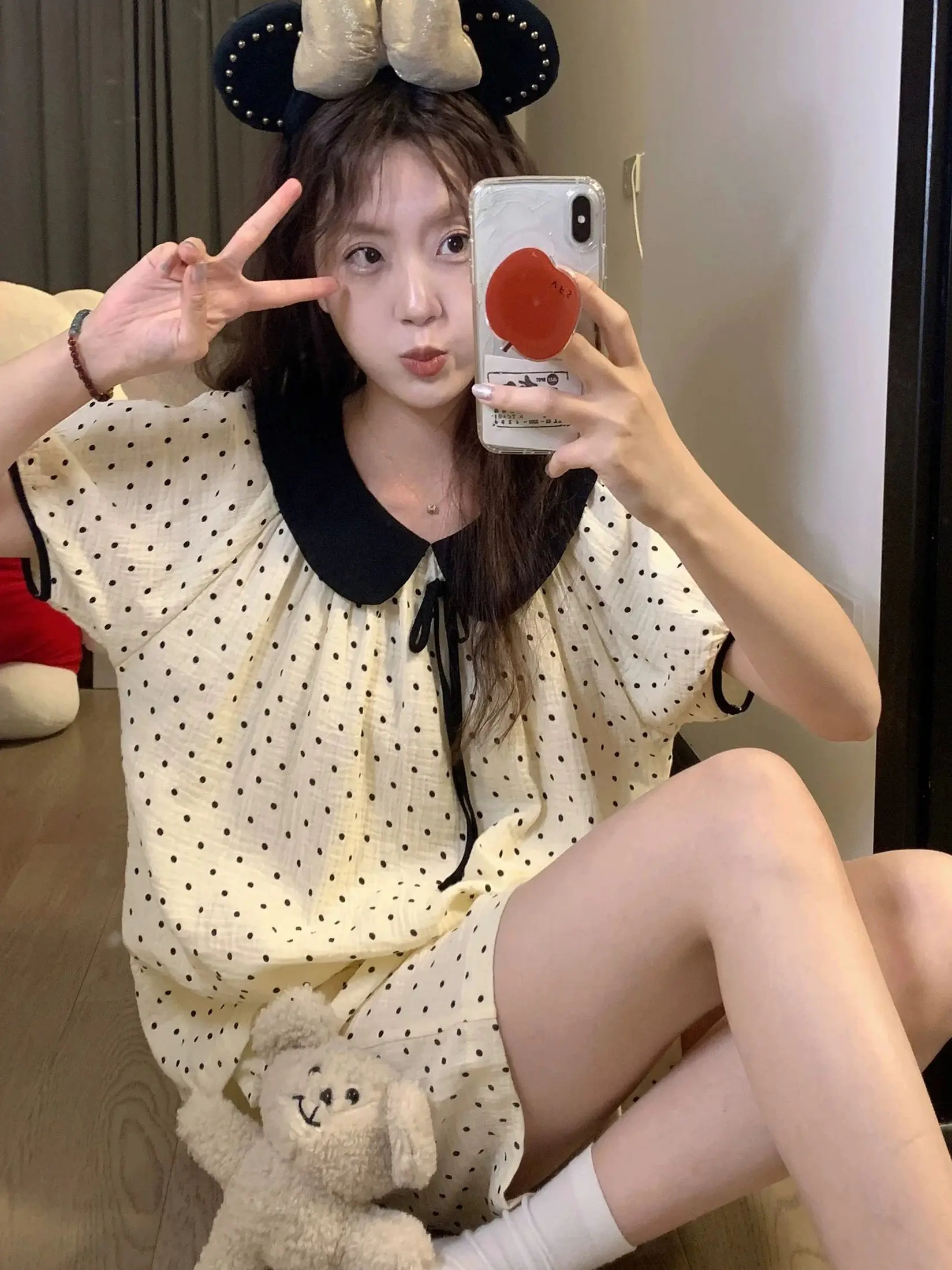 

Новый летний женский комплект домашней одежды с кукольным воротником Cloud Cotton ort Sve, можно носить на улице, милые штаны с принтом в горошек