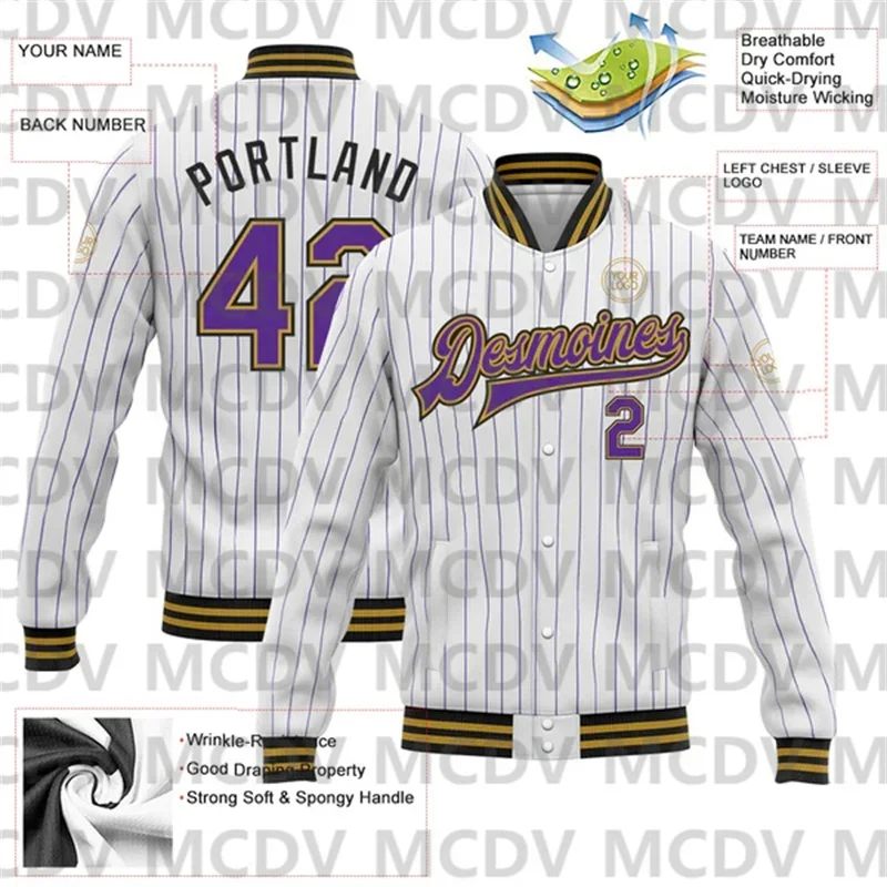 

Custom White Purple Pinstripe Old Gold-Black Bomber Full-Snap Varsity Letterman Jacket