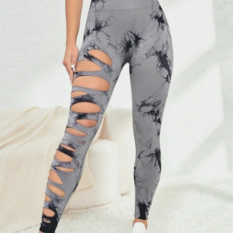 Nahtlose Tie-Dye Ripped Hohl Yoga Hosen Hohe Taille Leggings Hüfte Training Hosen Sport Hosen Frauen Frauen Kleidung Sexy