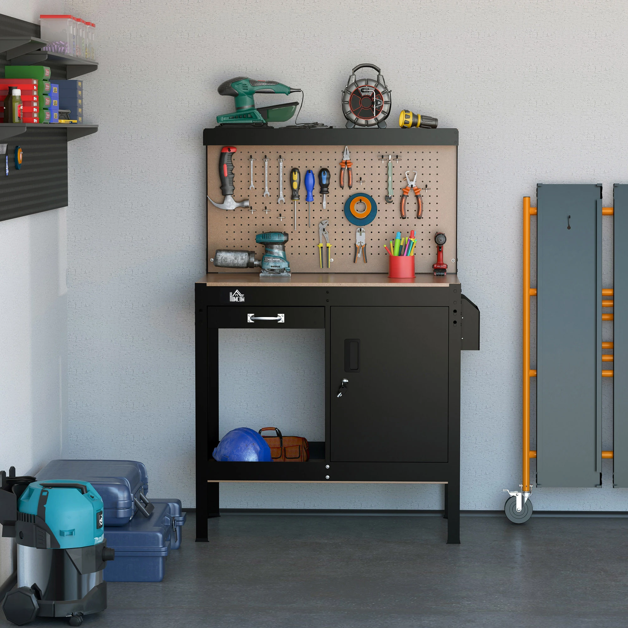 HOMCOM Multipurpose Workbench with Slide Drawer, Workshop Tool Table Peg Board, Storage Cabinet with Keys, Black