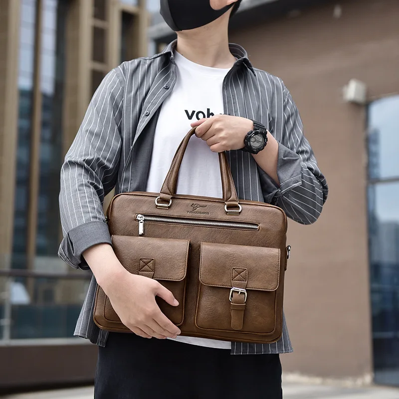 Luxury PU Leather Briefcase Men Laptop Vintage Executive High Quality Famous Brand Handbag Shoulder Office Business Tote Bag